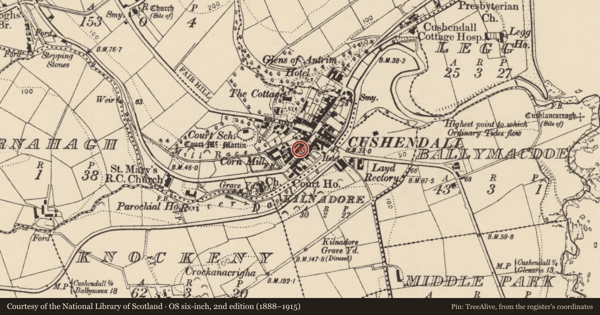 Ordnance Survey six-inch map, 2nd edition (1888–1915) covering the location of 16 Mill Street And Post Office, Cushendall, Causeway Coast and Glens, with a pin at the register's coordinates