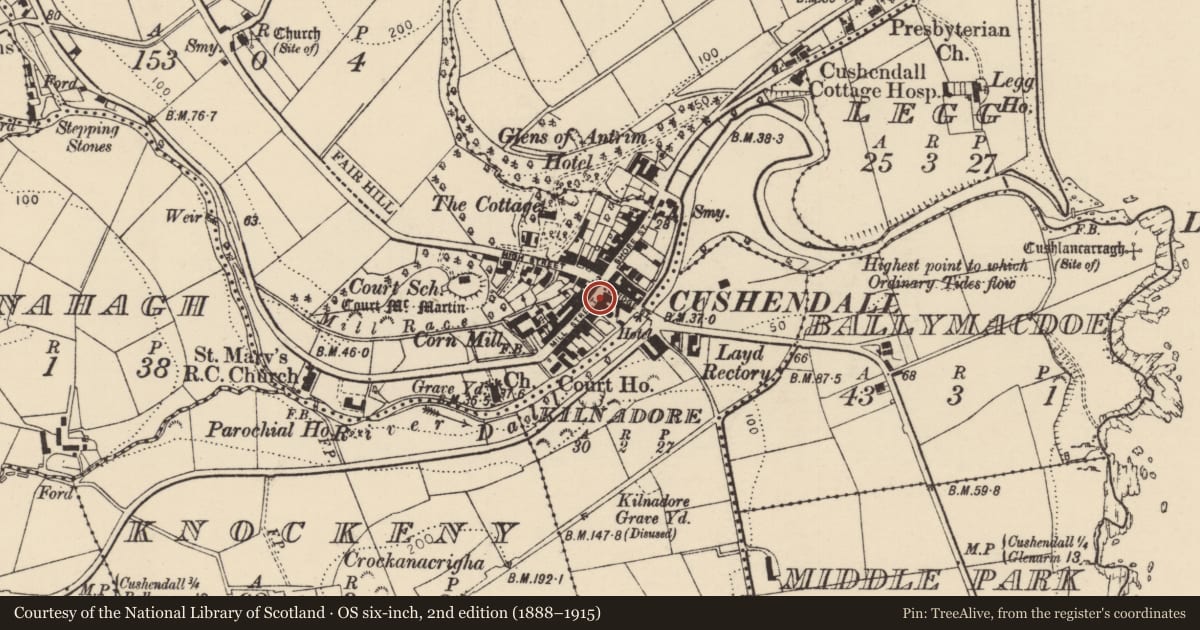 Ordnance Survey six-inch map, 2nd edition (1888–1915) covering the location of 8 Mill St., Causeway Coast and Glens, with a pin at the register's coordinates