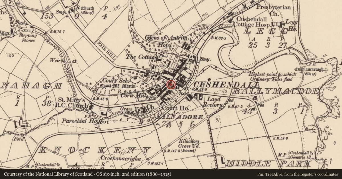 Ordnance Survey six-inch map, 2nd edition (1888–1915) covering the location of 10 Mill St., Causeway Coast and Glens, with a pin at the register's coordinates