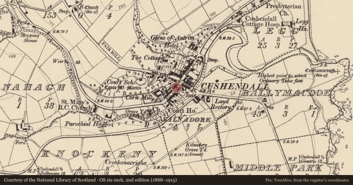 Ordnance Survey six-inch map, 2nd edition (1888–1915) covering the location of 12 Mill St., Causeway Coast and Glens, with a pin at the register's coordinates