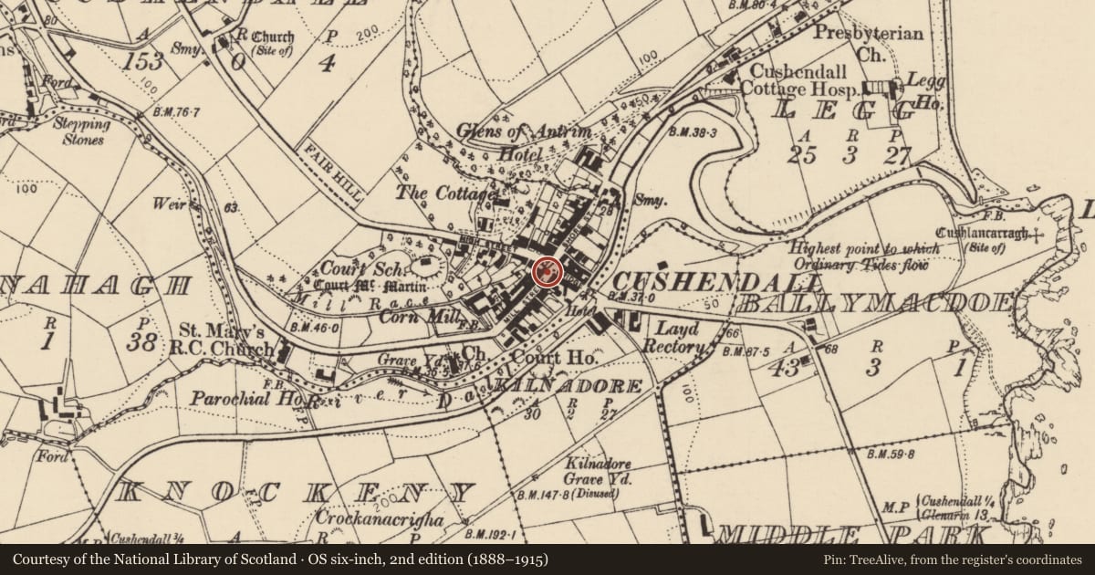 Ordnance Survey six-inch map, 2nd edition (1888–1915) covering the location of 6 Mill Street, Causeway Coast and Glens, with a pin at the register's coordinates