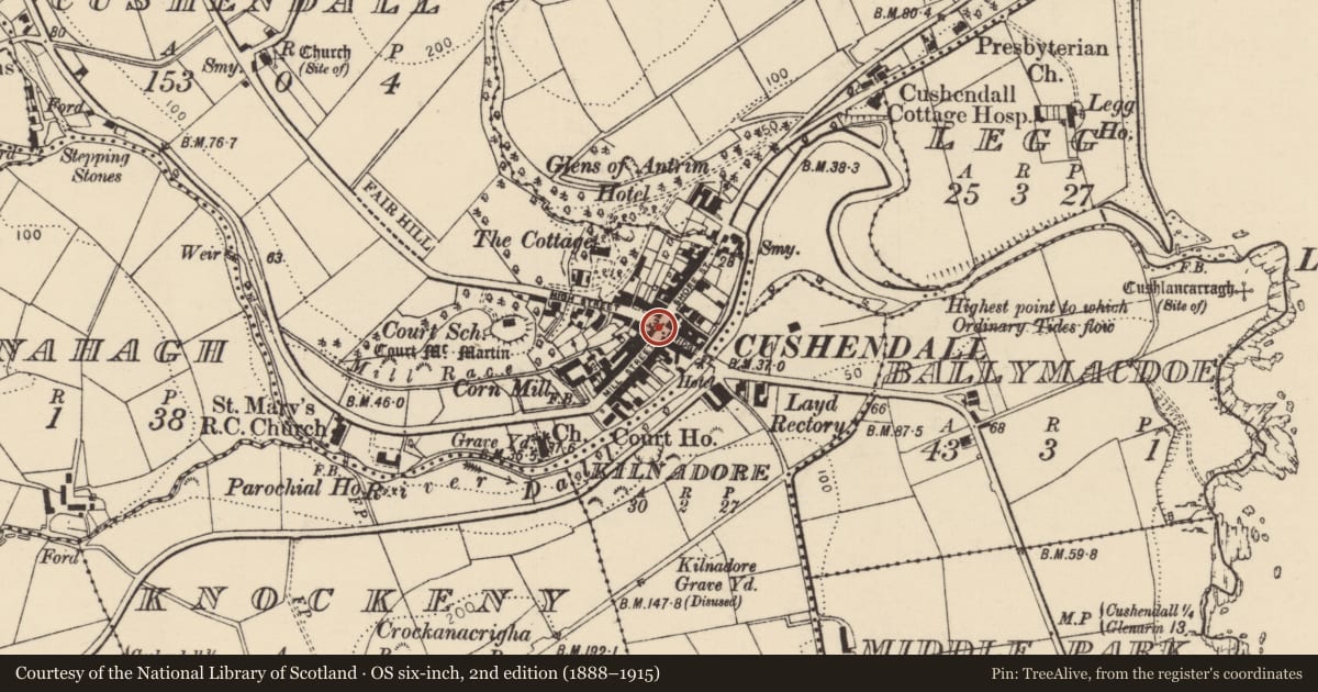 Ordnance Survey six-inch map, 2nd edition (1888–1915) covering the location of 2 Mill Street, Causeway Coast and Glens, with a pin at the register's coordinates