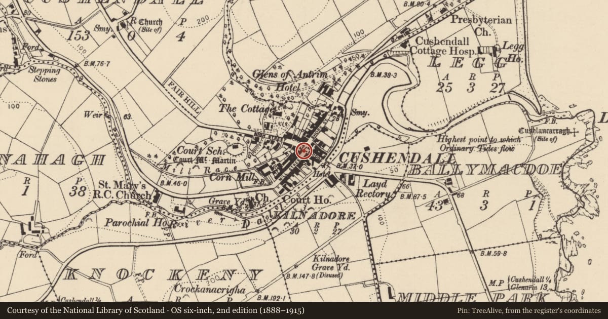 Ordnance Survey six-inch map, 2nd edition (1888–1915) covering the location of The Lurig Inn, Cushendall, Causeway Coast and Glens, with a pin at the register's coordinates