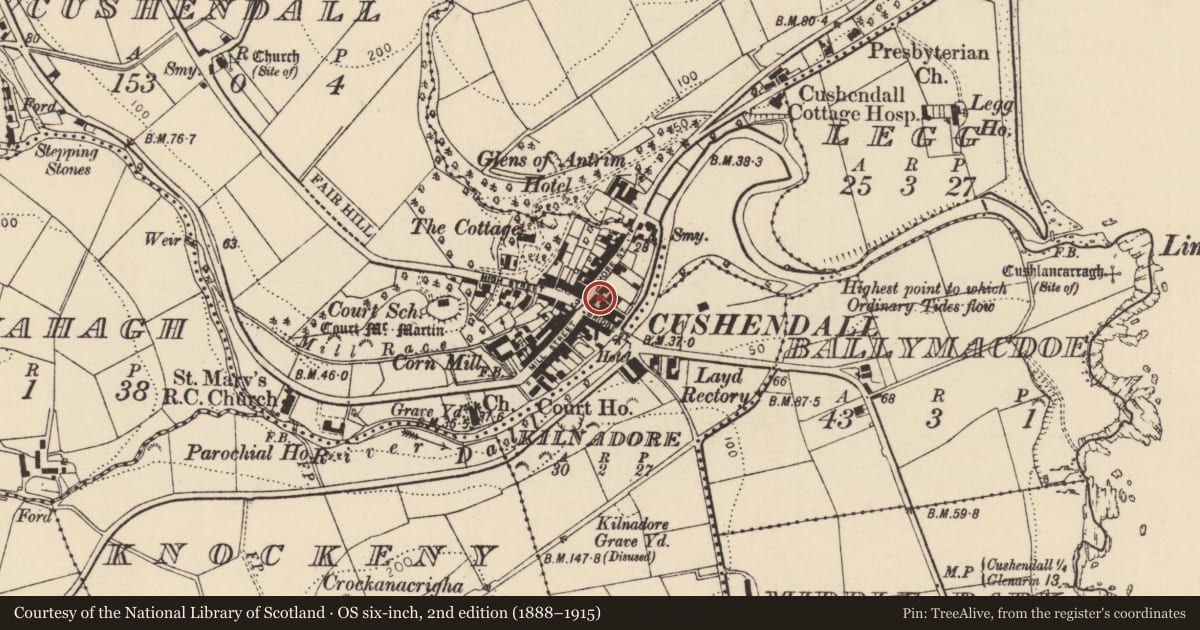 Ordnance Survey six-inch map, 2nd edition (1888–1915) covering the location of Central Bar, Causeway Coast and Glens, with a pin at the register's coordinates
