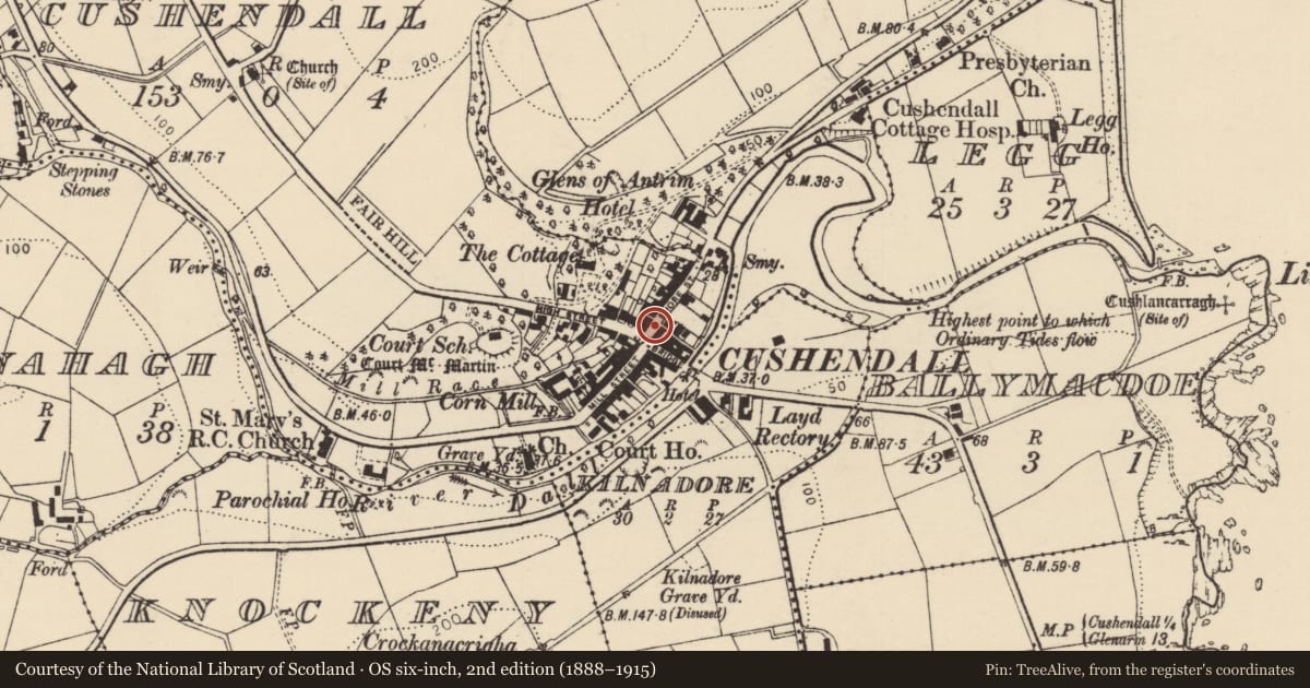 Ordnance Survey six-inch map, 2nd edition (1888–1915) covering the location of 11 Bridge St., Causeway Coast and Glens, with a pin at the register's coordinates
