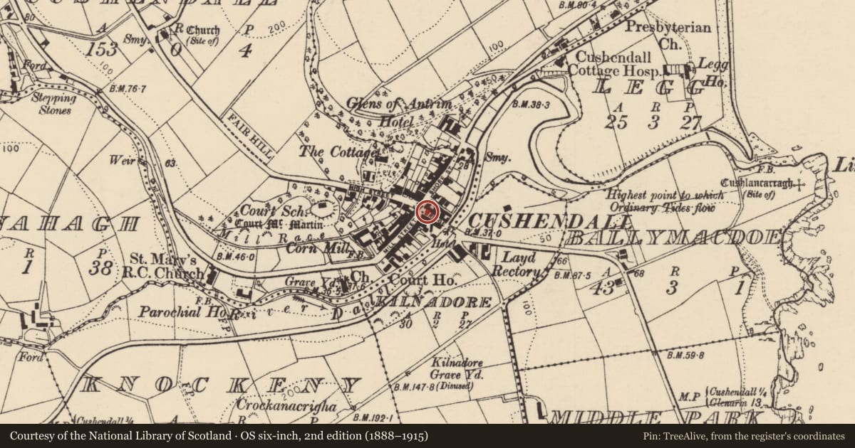 Ordnance Survey six-inch map, 2nd edition (1888–1915) covering the location of 4 Bridge St., Causeway Coast and Glens, with a pin at the register's coordinates