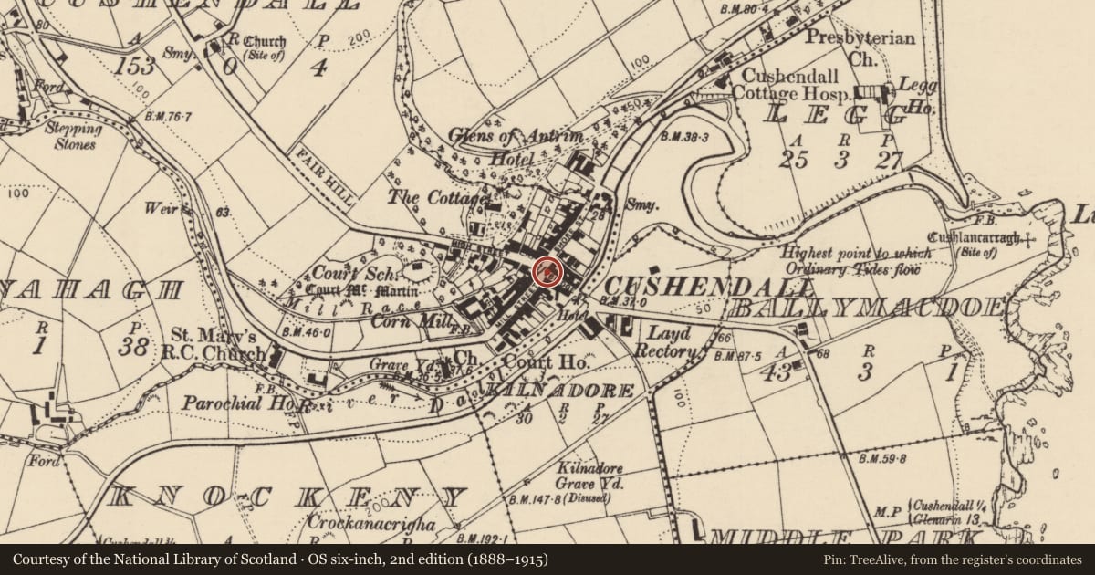 Ordnance Survey six-inch map, 2nd edition (1888–1915) covering the location of 6 Bridge St., Causeway Coast and Glens, with a pin at the register's coordinates