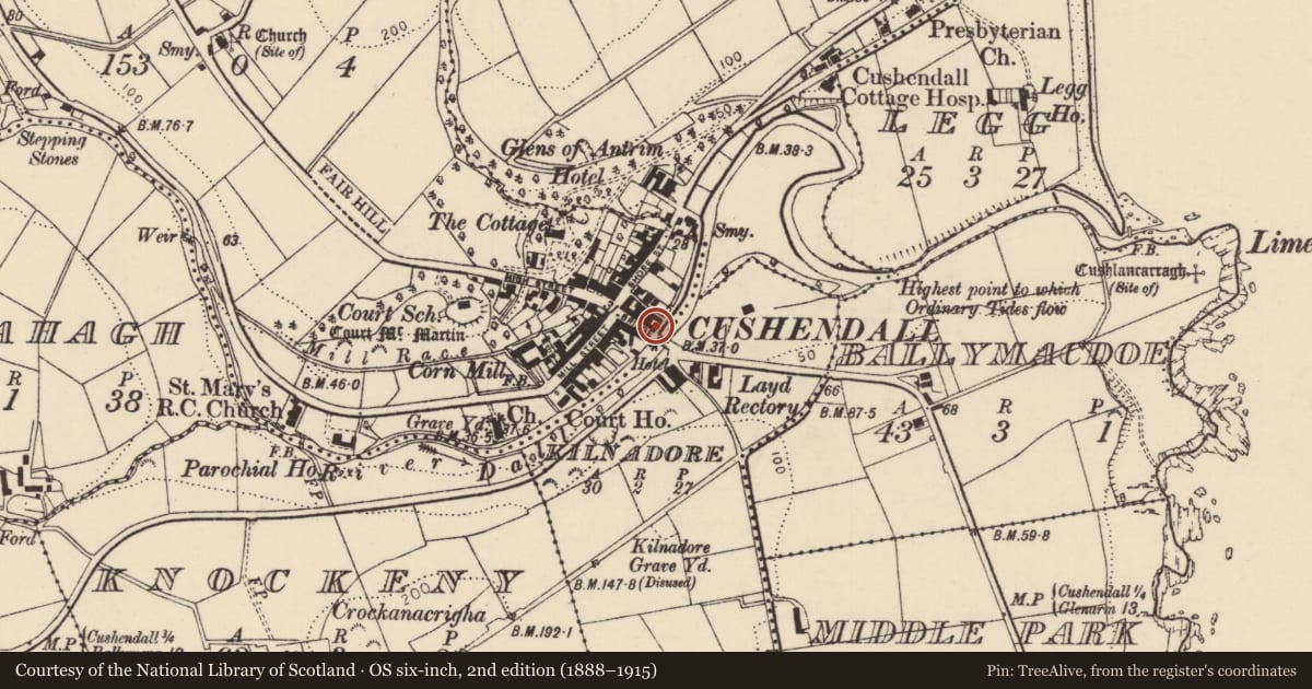 Ordnance Survey six-inch map, 2nd edition (1888–1915) covering the location of BRIDGE, Causeway Coast and Glens, with a pin at the register's coordinates