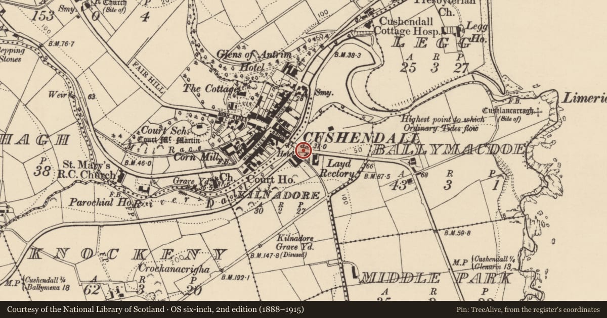 Ordnance Survey six-inch map, 2nd edition (1888–1915) covering the location of Kilnadore House, Gates And Walling, Causeway Coast and Glens, with a pin at the register's coordinates