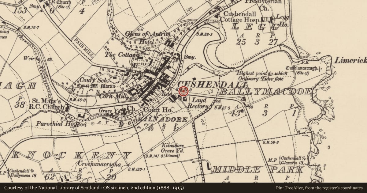 Ordnance Survey six-inch map, 2nd edition (1888–1915) covering the location of 3 Coast Road, GATES, Railings And Walling, Causeway Coast and Glens, with a pin at the register's coordinates