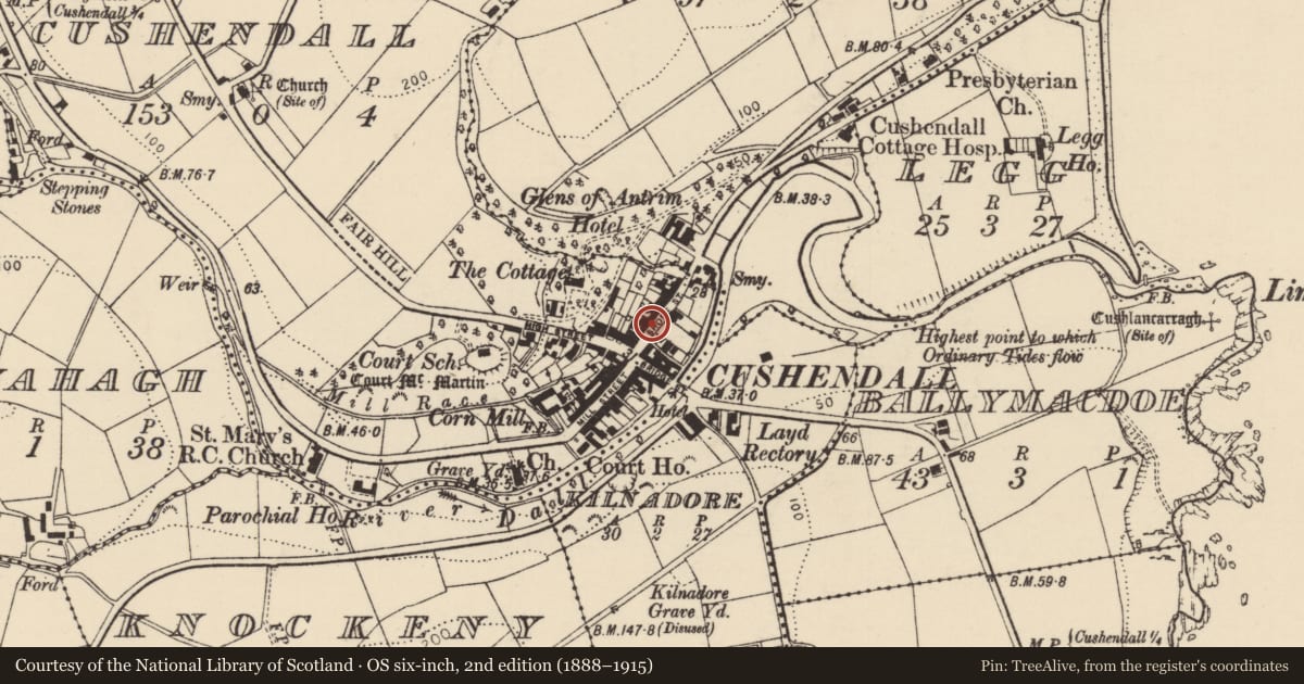 Ordnance Survey six-inch map, 2nd edition (1888–1915) covering the location of Northern Bank(EX), GATES, Railings And Walling, Cushendall, Causeway Coast and Glens, with a pin at the register's coordinates