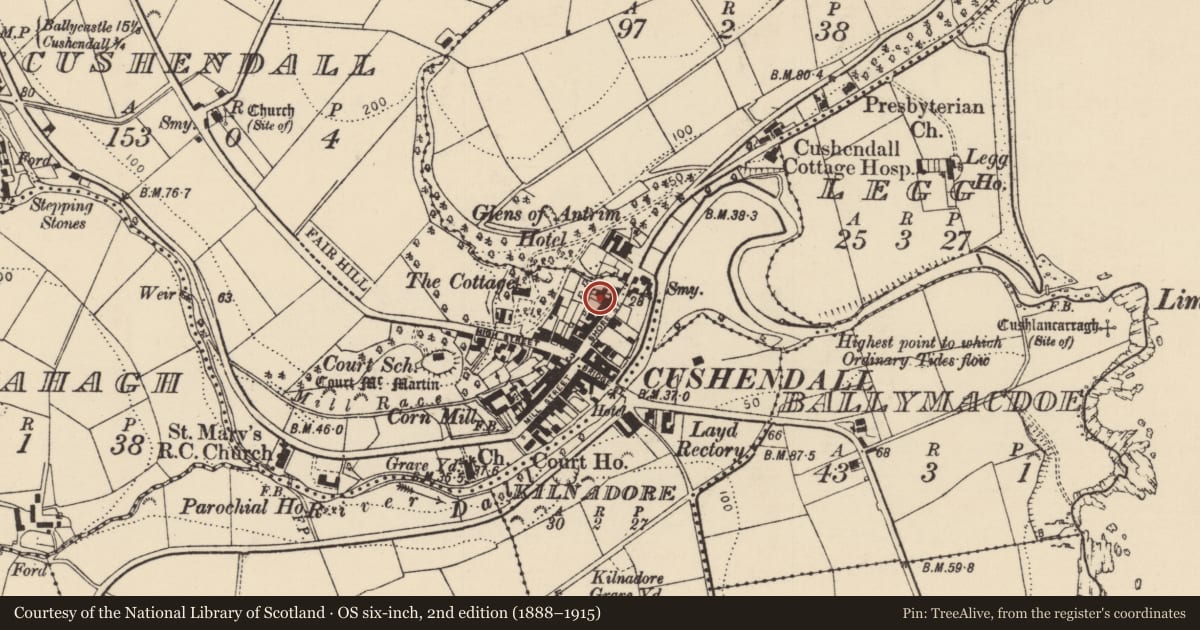 Ordnance Survey six-inch map, 2nd edition (1888–1915) covering the location of 14 Shore St., Cushendall, Causeway Coast and Glens, with a pin at the register's coordinates