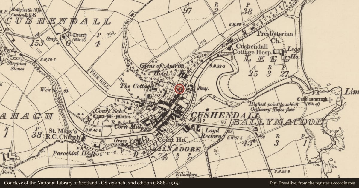 Ordnance Survey six-inch map, 2nd edition (1888–1915) covering the location of 16 Shore St, Cushendall, Causeway Coast and Glens, with a pin at the register's coordinates