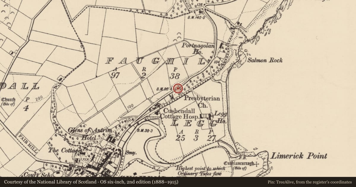 Ordnance Survey six-inch map, 2nd edition (1888–1915) covering the location of Cushendall Presbyterian Church, Causeway Coast and Glens, with a pin at the register's coordinates
