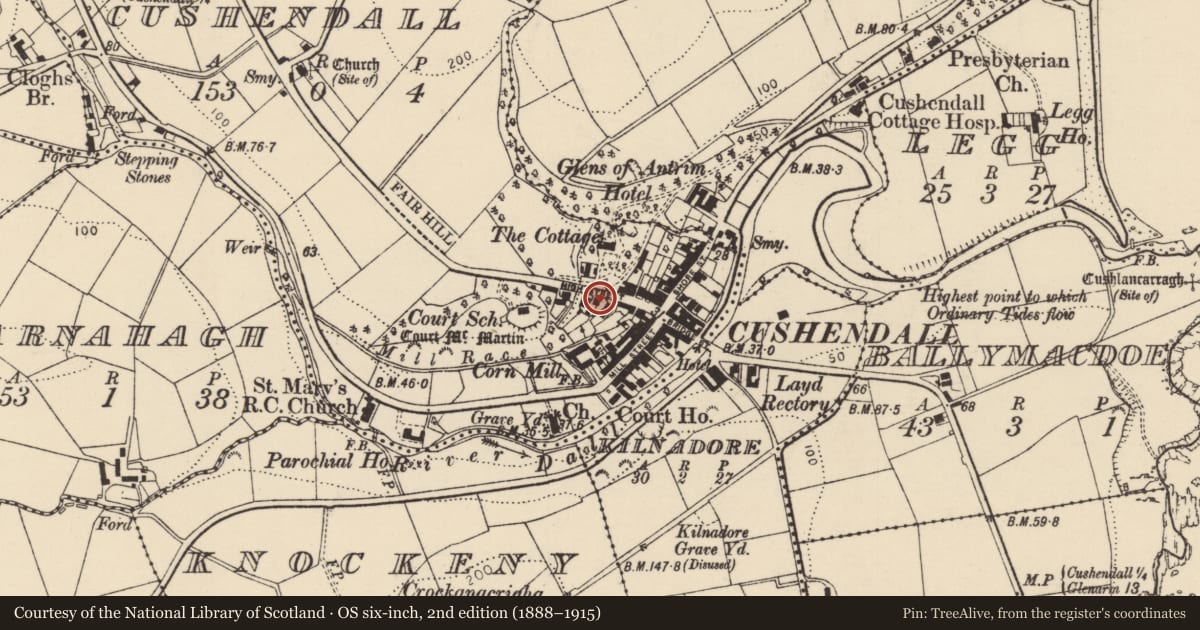 Ordnance Survey six-inch map, 2nd edition (1888–1915) covering the location of Former School, GATES, Railings And Walling, Causeway Coast and Glens, with a pin at the register's coordinates
