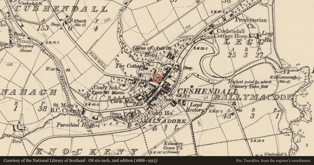 Ordnance Survey six-inch map, 2nd edition (1888–1915) covering the location of 5 High St., Cushendall, Causeway Coast and Glens, with a pin at the register's coordinates