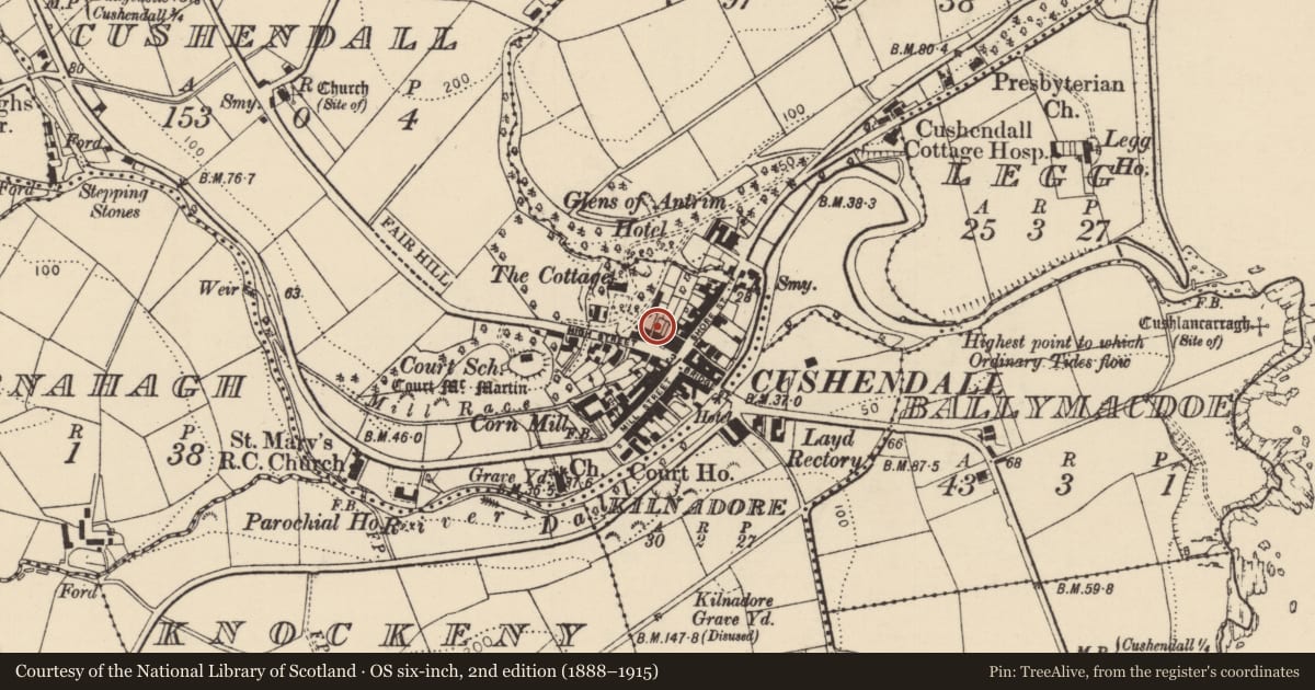 Ordnance Survey six-inch map, 2nd edition (1888–1915) covering the location of 7 High St., Cushendall, Causeway Coast and Glens, with a pin at the register's coordinates