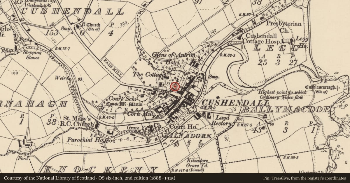 Ordnance Survey six-inch map, 2nd edition (1888–1915) covering the location of 9 High St., Cushendall, Causeway Coast and Glens, with a pin at the register's coordinates