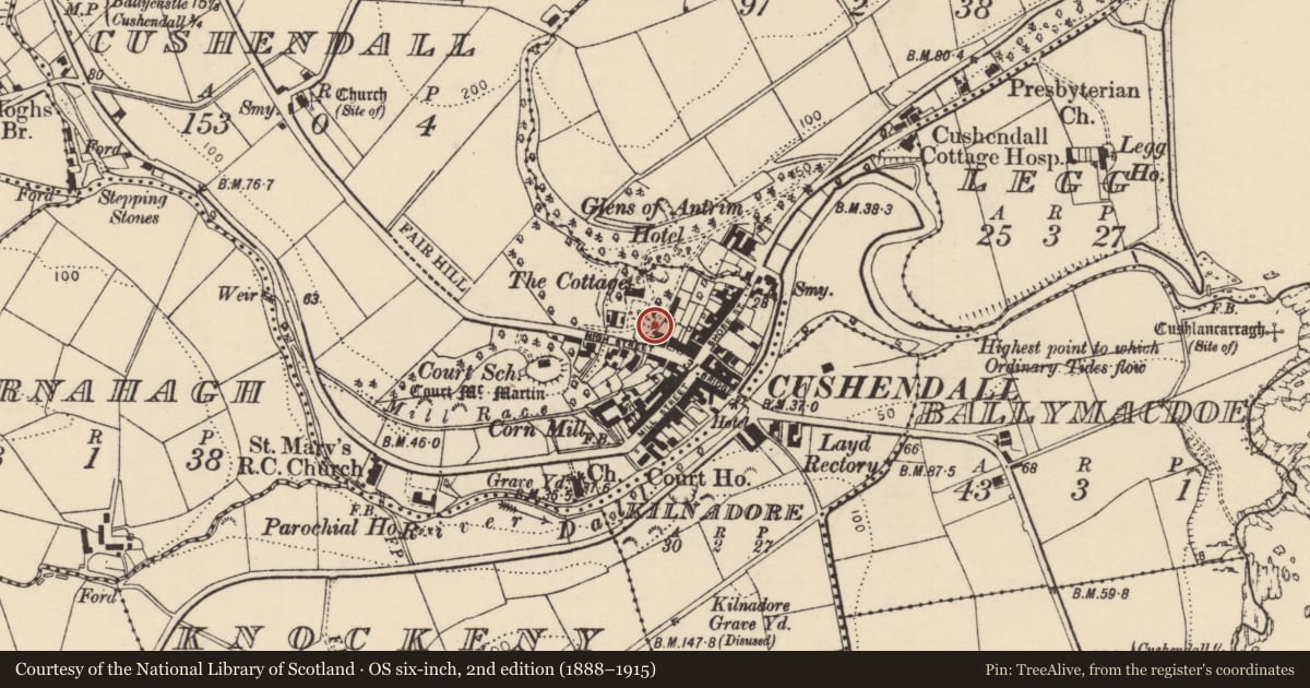 Ordnance Survey six-inch map, 2nd edition (1888–1915) covering the location of Sundial House, Causeway Coast and Glens, with a pin at the register's coordinates