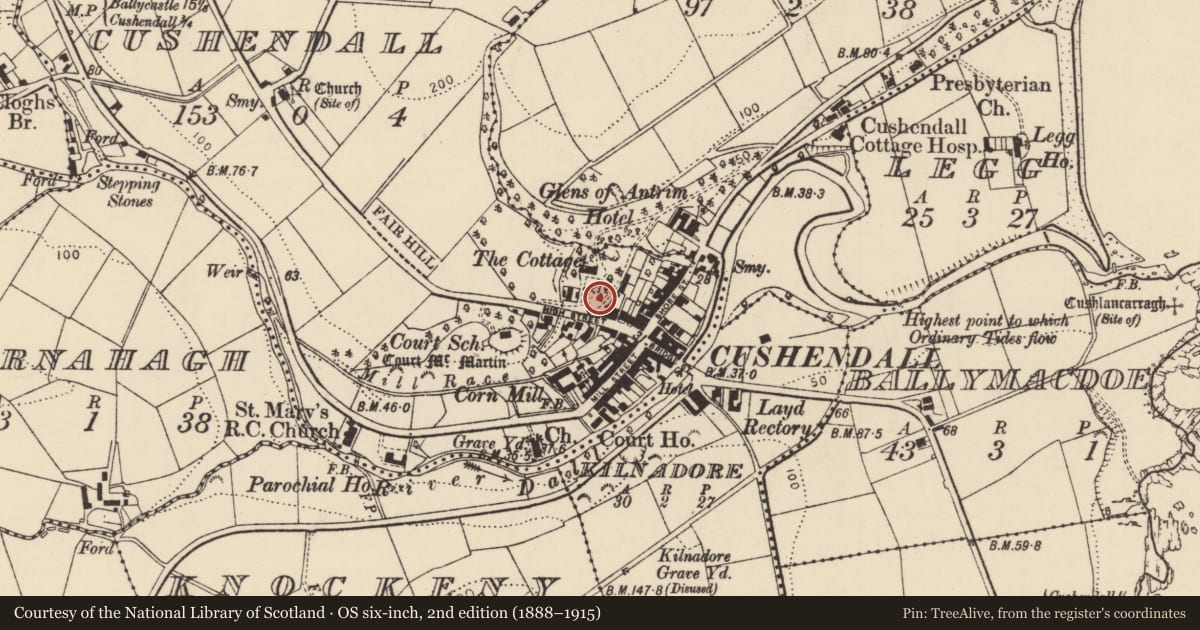 Ordnance Survey six-inch map, 2nd edition (1888–1915) covering the location of 17 High Street, Cushendall, Causeway Coast and Glens, with a pin at the register's coordinates