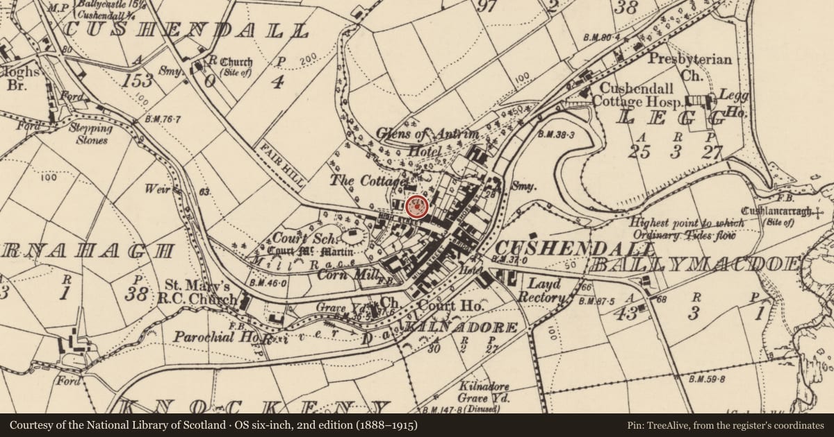 Ordnance Survey six-inch map, 2nd edition (1888–1915) covering the location of 19 High Street, Cushendall, Causeway Coast and Glens, with a pin at the register's coordinates