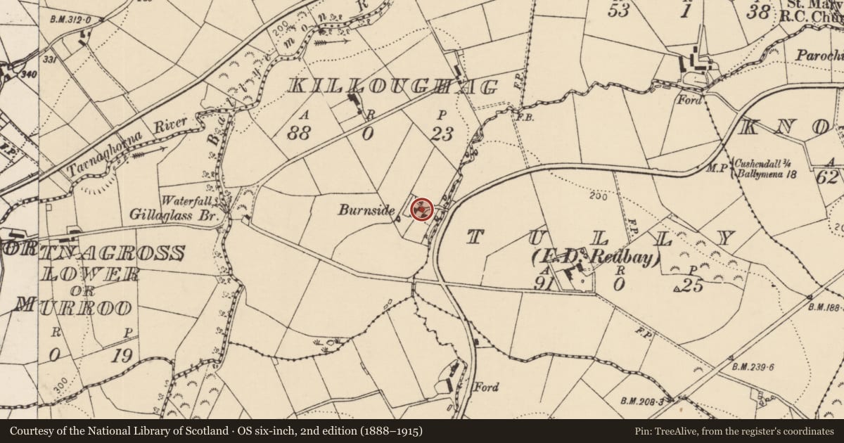 Ordnance Survey six-inch map, 2nd edition (1888–1915) covering the location of Glenburn House And Gate Screen, Causeway Coast and Glens, with a pin at the register's coordinates
