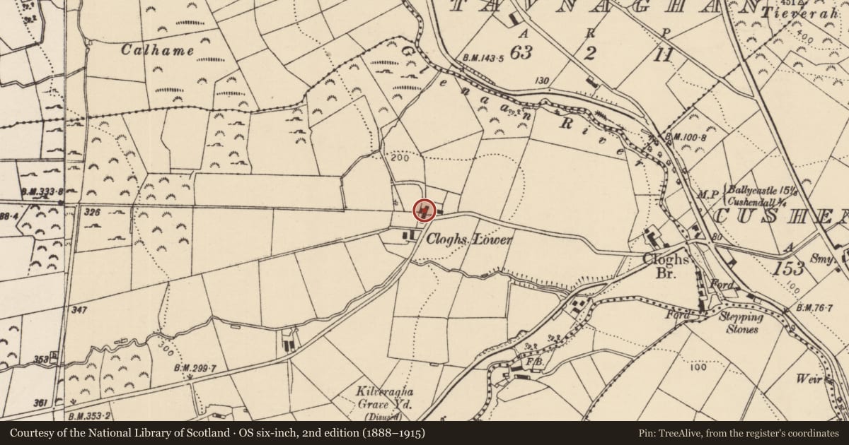 Ordnance Survey six-inch map, 2nd edition (1888–1915) covering the location of 9 Lower Cloughs Road, Causeway Coast and Glens, with a pin at the register's coordinates