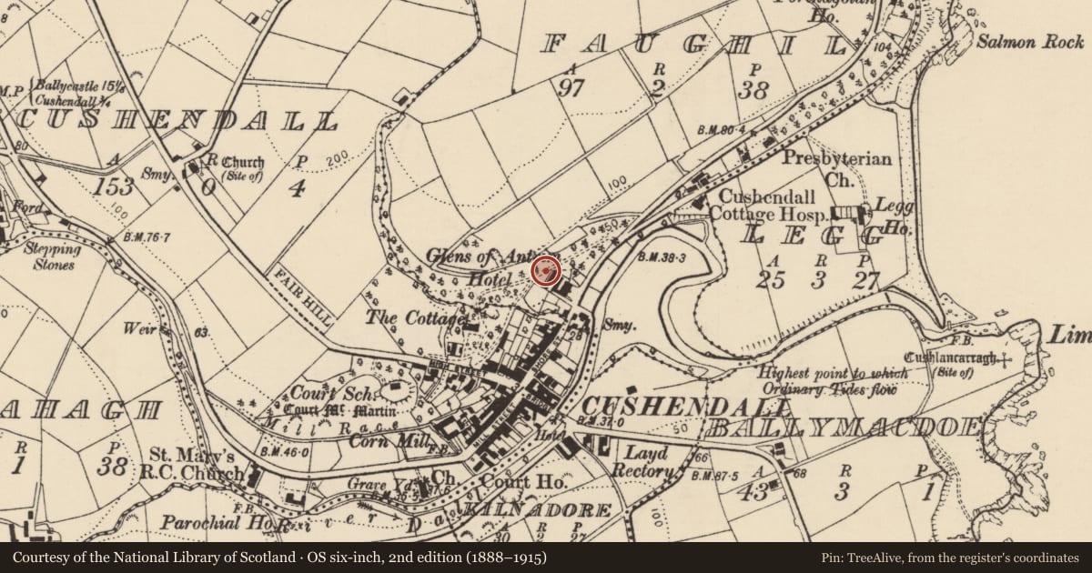 Ordnance Survey six-inch map, 2nd edition (1888–1915) covering the location of Bungalow, Shore Street, Causeway Coast and Glens, with a pin at the register's coordinates