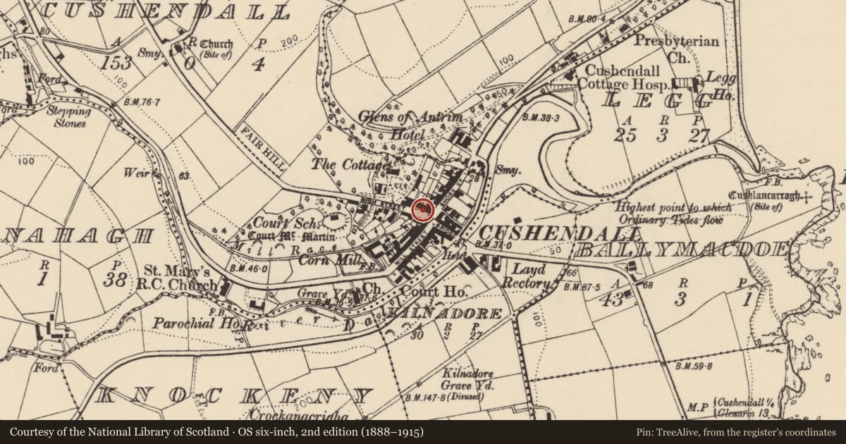 Ordnance Survey six-inch map, 2nd edition (1888–1915) covering the location of Telephone Kiosk, Causeway Coast and Glens, with a pin at the register's coordinates