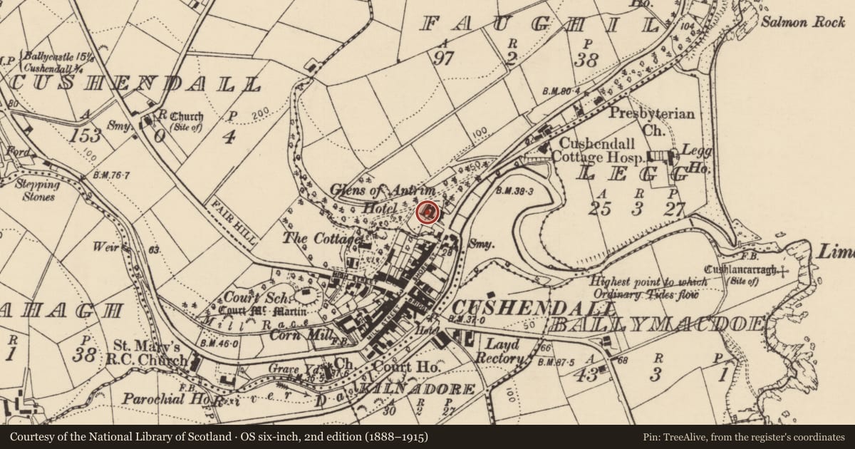 Ordnance Survey six-inch map, 2nd edition (1888–1915) covering the location of Glens of Antrim Hotel, Causeway Coast and Glens, with a pin at the register's coordinates