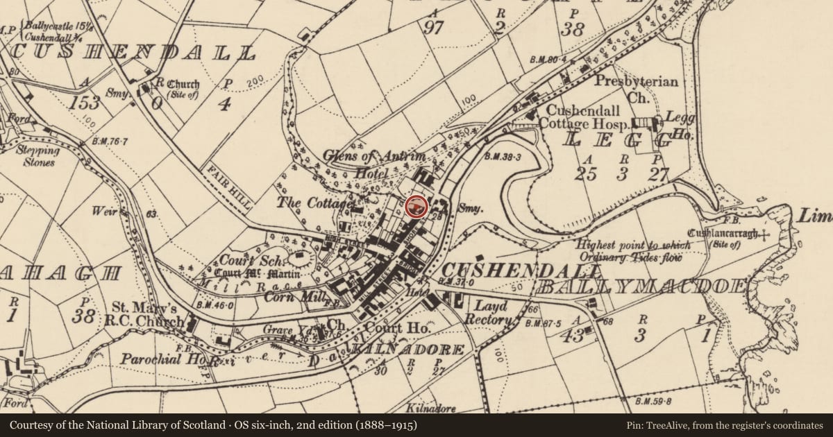 Ordnance Survey six-inch map, 2nd edition (1888–1915) covering the location of 18 Shore Street, Cushendall, Causeway Coast and Glens, with a pin at the register's coordinates