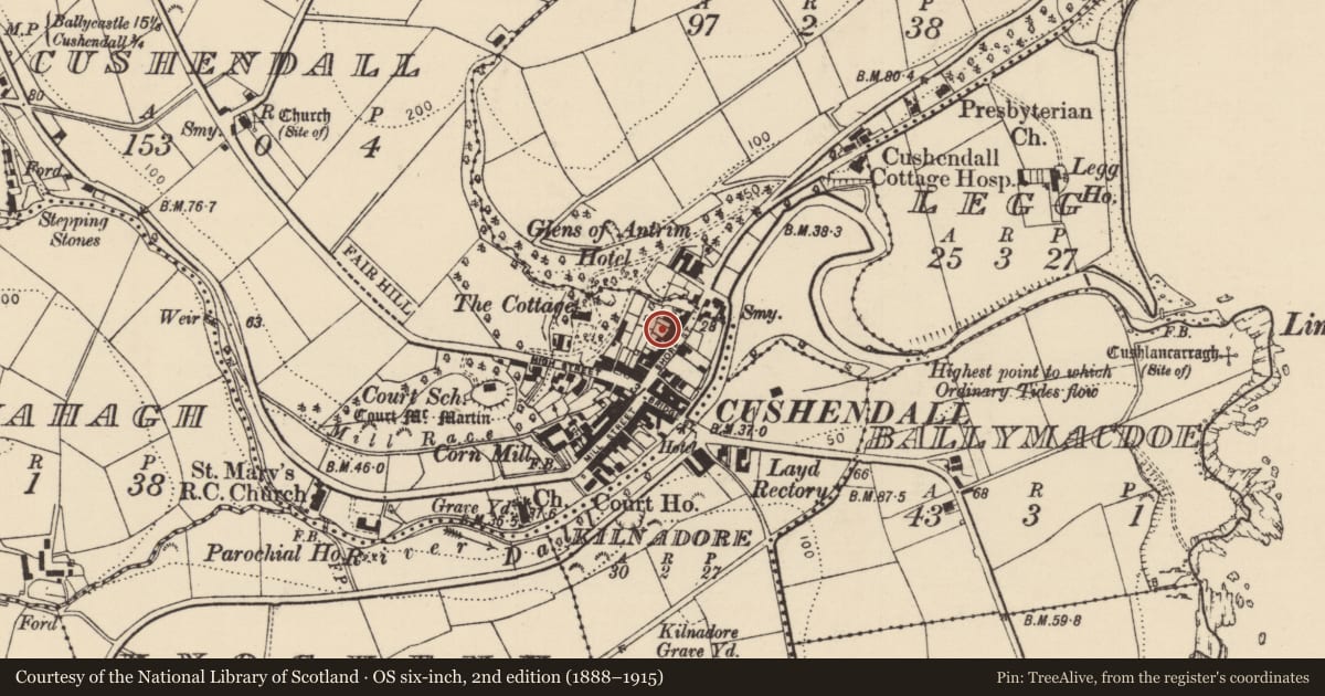 Ordnance Survey six-inch map, 2nd edition (1888–1915) covering the location of 12 Shore Street, Cushendall, Causeway Coast and Glens, with a pin at the register's coordinates