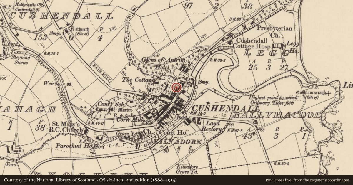 Ordnance Survey six-inch map, 2nd edition (1888–1915) covering the location of 10 Shore Street, Cushendall, Causeway Coast and Glens, with a pin at the register's coordinates