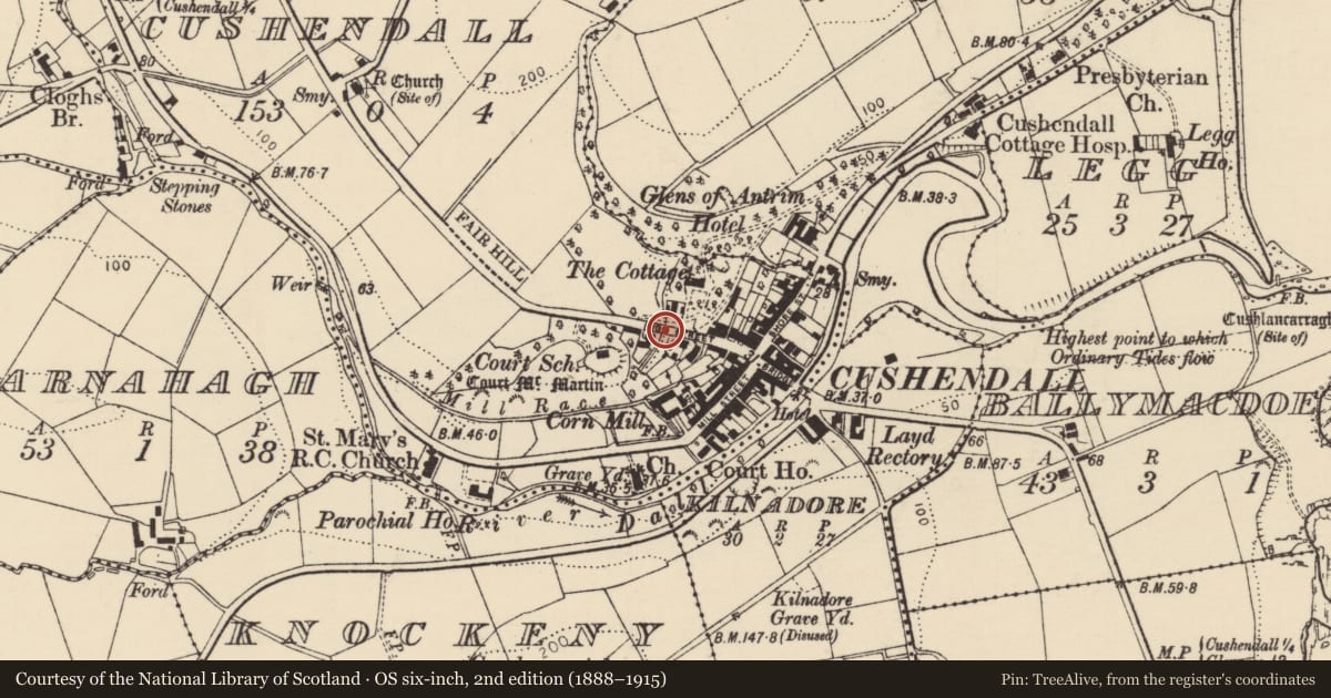 Ordnance Survey six-inch map, 2nd edition (1888–1915) covering the location of 18 High Street, Cushendall, Causeway Coast and Glens, with a pin at the register's coordinates