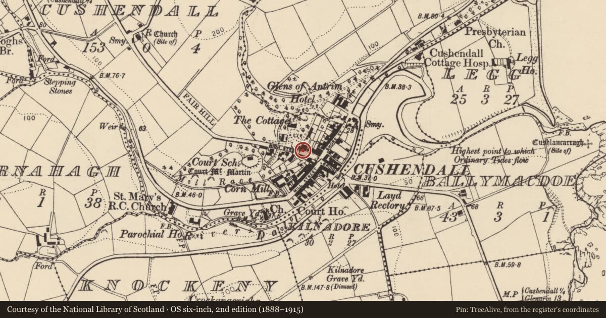 Ordnance Survey six-inch map, 2nd edition (1888–1915) covering the location of 4 High Street, Cushendall, Causeway Coast and Glens, with a pin at the register's coordinates