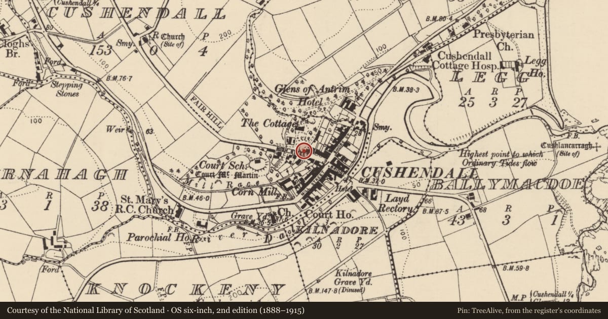Ordnance Survey six-inch map, 2nd edition (1888–1915) covering the location of 12 High Street, Cushendall, Causeway Coast and Glens, with a pin at the register's coordinates