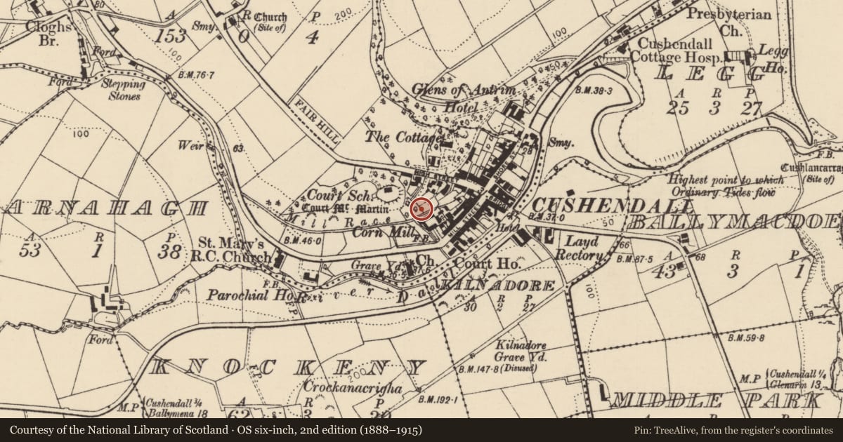 Ordnance Survey six-inch map, 2nd edition (1888–1915) covering the location of Cushendall Mill, Causeway Coast and Glens, with a pin at the register's coordinates
