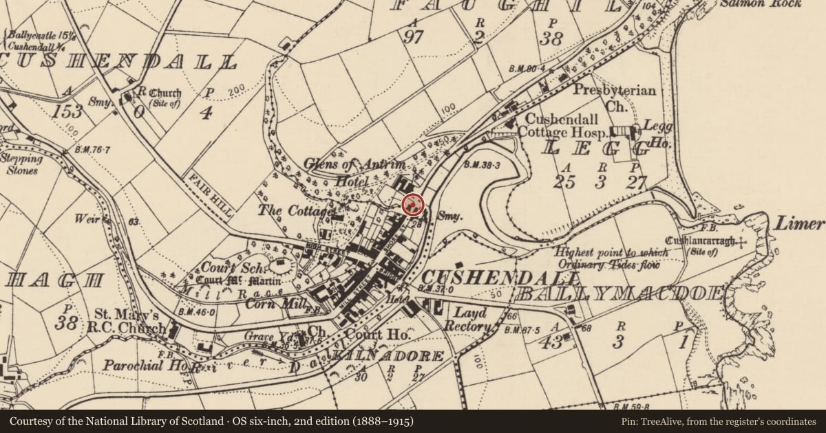 Ordnance Survey six-inch map, 2nd edition (1888–1915) covering the location of 21 Shore Street, Faughil, Causeway Coast and Glens, with a pin at the register's coordinates