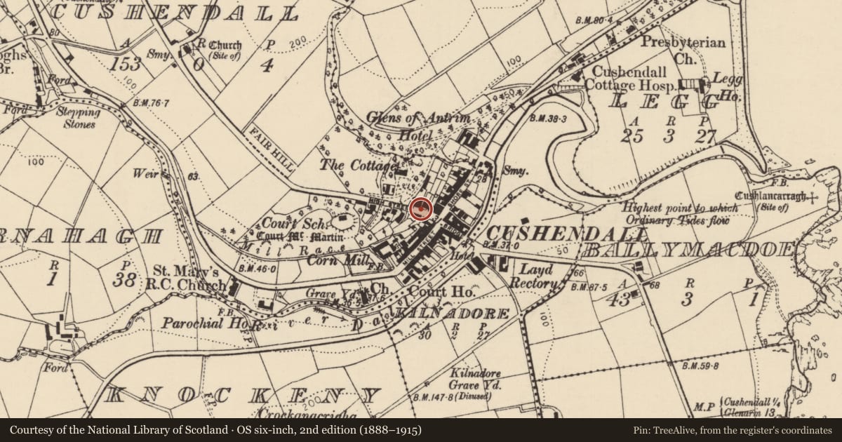 Ordnance Survey six-inch map, 2nd edition (1888–1915) covering the location of 2 High Street, Cushendall, Causeway Coast and Glens, with a pin at the register's coordinates