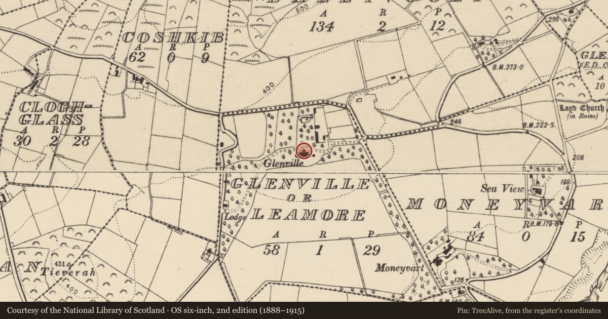 Ordnance Survey six-inch map, 2nd edition (1888–1915) covering the location of Glenville House, Causeway Coast and Glens, with a pin at the register's coordinates