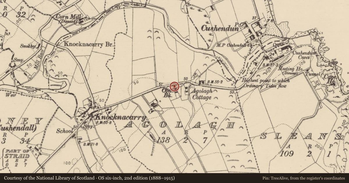 Ordnance Survey six-inch map, 2nd edition (1888–1915) covering the location of 35 Knocknacarry Road, Causeway Coast and Glens, with a pin at the register's coordinates