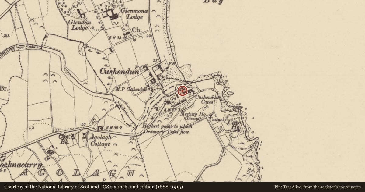 Ordnance Survey six-inch map, 2nd edition (1888–1915) covering the location of Cushendun Guest House, Causeway Coast and Glens, with a pin at the register's coordinates
