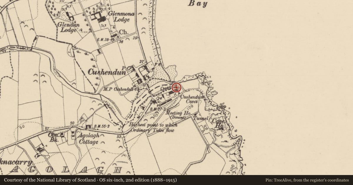 Ordnance Survey six-inch map, 2nd edition (1888–1915) covering the location of Glendun Hotel, Causeway Coast and Glens, with a pin at the register's coordinates