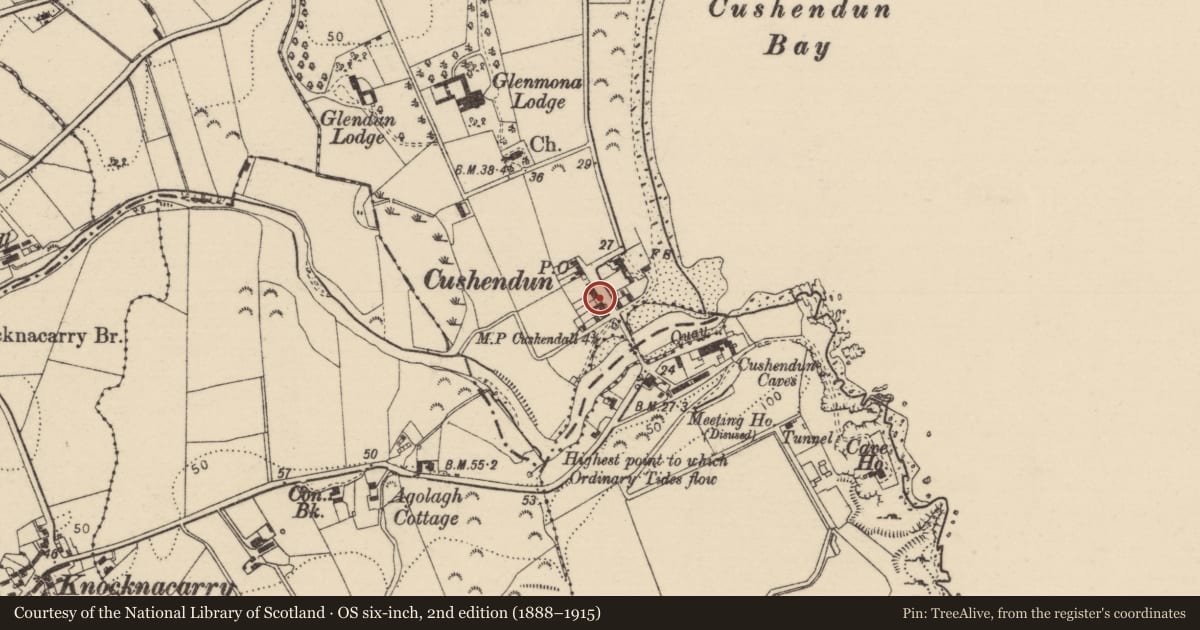 Ordnance Survey six-inch map, 2nd edition (1888–1915) covering the location of 4 Main Street, Causeway Coast and Glens, with a pin at the register's coordinates
