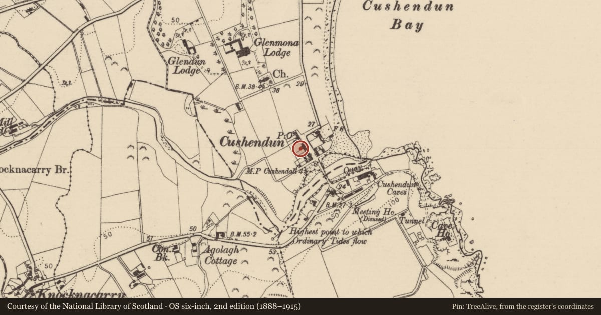 Ordnance Survey six-inch map, 2nd edition (1888–1915) covering the location of 2-3 The Square, Cushendun, Co Antrim BT44 0PQ, Causeway Coast and Glens, with a pin at the register's coordinates