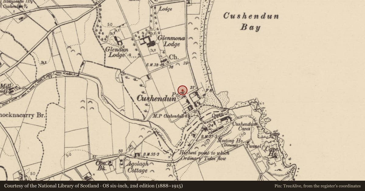 Ordnance Survey six-inch map, 2nd edition (1888–1915) covering the location of 10 Main Street, Causeway Coast and Glens, with a pin at the register's coordinates