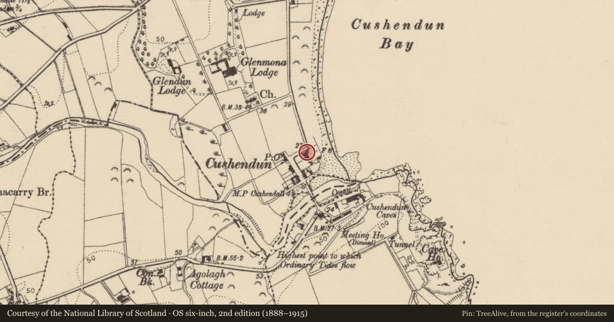Ordnance Survey six-inch map, 2nd edition (1888–1915) covering the location of 1 Maud Cottages, Causeway Coast and Glens, with a pin at the register's coordinates