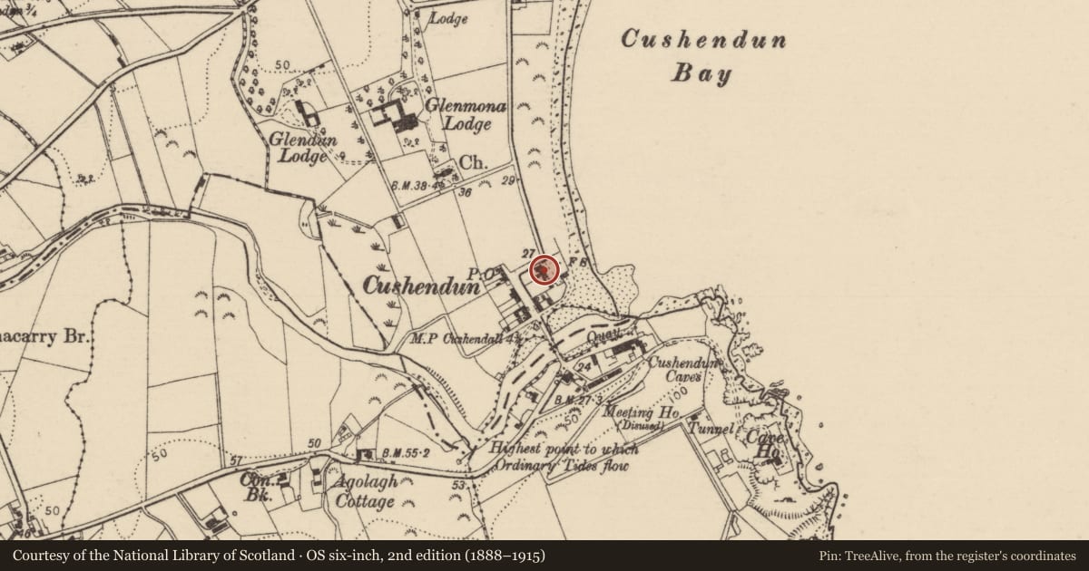 Ordnance Survey six-inch map, 2nd edition (1888–1915) covering the location of 3 Maud Cottages, Causeway Coast and Glens, with a pin at the register's coordinates