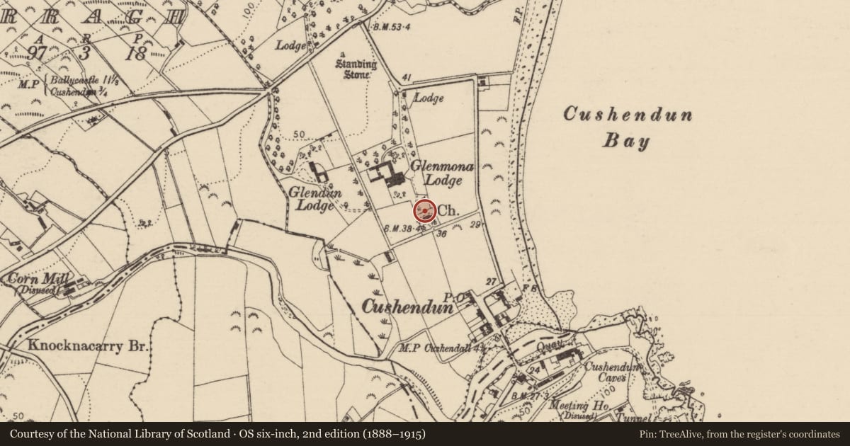 Ordnance Survey six-inch map, 2nd edition (1888–1915) covering the location of Cushendun Parish Church, Causeway Coast and Glens, with a pin at the register's coordinates