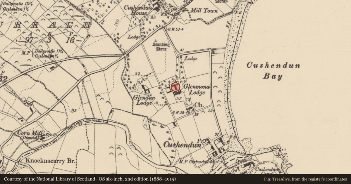 Ordnance Survey six-inch map, 2nd edition (1888–1915) covering the location of Glenmona Lodge, PIERS, Pillars And Gateway, Causeway Coast and Glens, with a pin at the register's coordinates